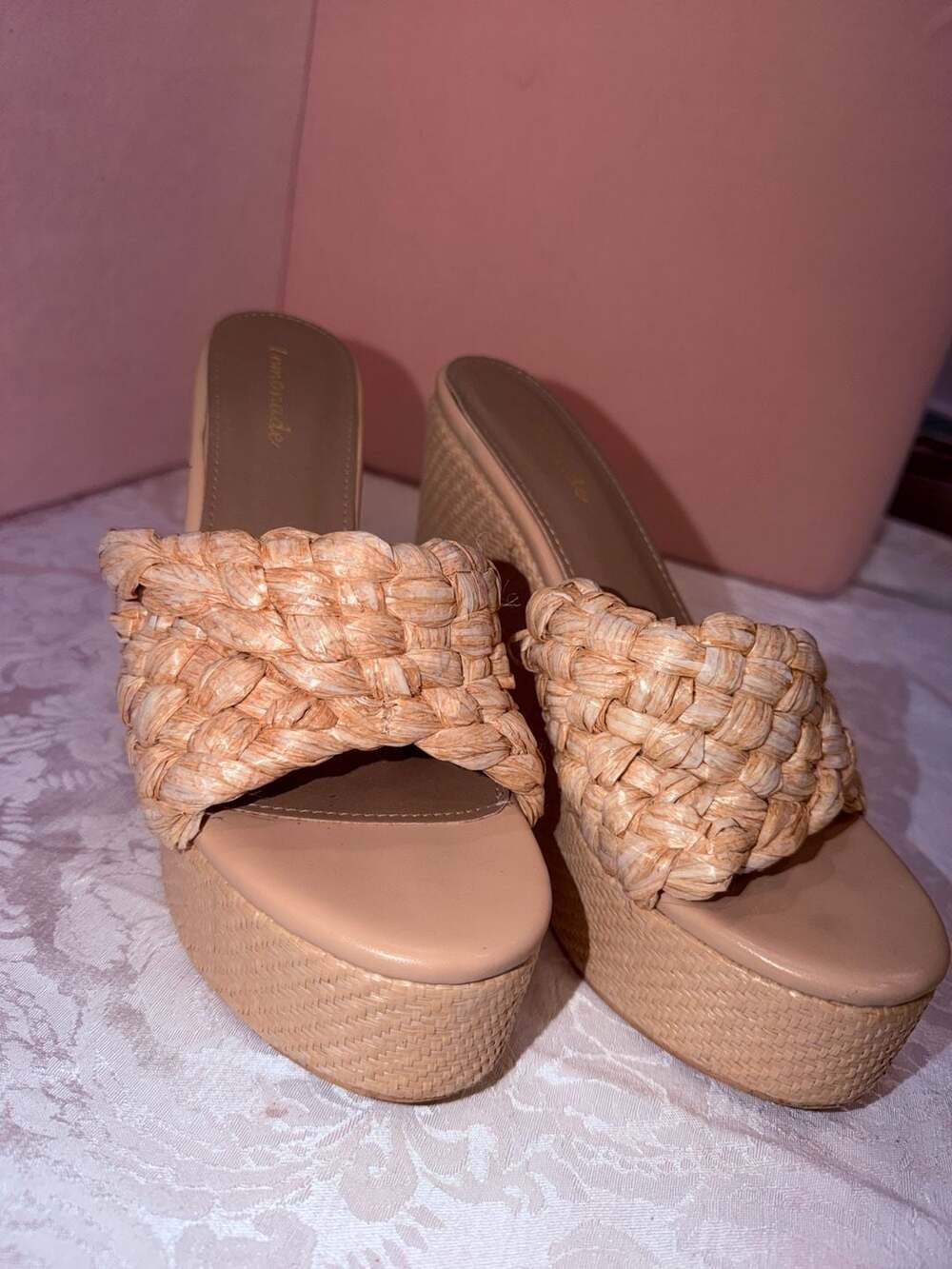 Lemonade Raffia Braided Strap Platform Wedge Slide Sandal Nude
